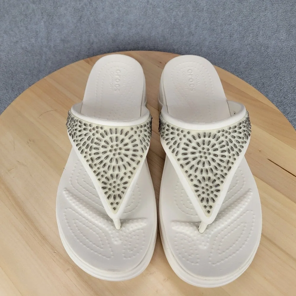 Crocs Monterey Shimmer Wedge Flip Flops Stucco White Metallic‎ Sandals Size 7